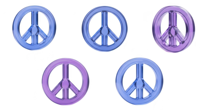 3D rendered peace symbols of different colors are standing on white promoting harmony and global unity - Powered by Adobe