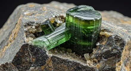 Vibrant Green Tourmaline Crystals Embedded in Dark Matrix