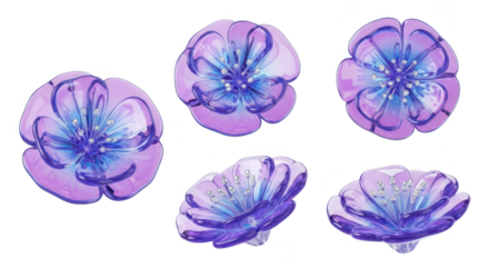 Six detailed purple flowers digitally rendered on a clean white background Design element for various purposes including decorative and artistic uses