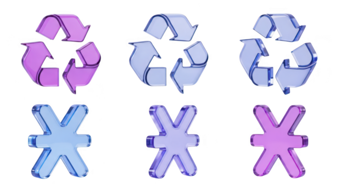 Colored transparent recycle symbols and a glyph against a white background signifying waste reduction environmental care and sustainable practices - Powered by Adobe