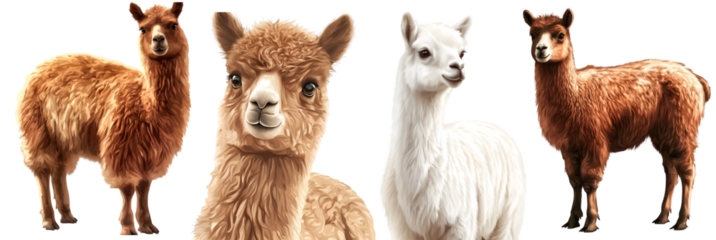 Group of llamas and alpacas standing in a row isolated on white background

