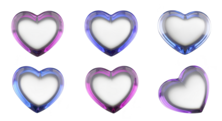 Six colorful glassy heart-shaped frames arranged on a white background ready for text or images ideal for Valentine's Day or love-themed designs