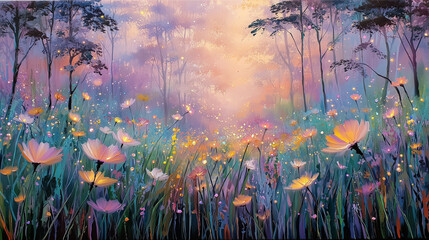 Enchanted meadow with luminous flowers, pastel mist, surreal calm energy