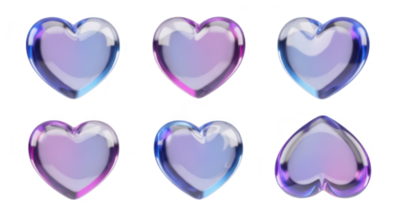 Iridescent glass hearts arranged on white background reflecting light for Valentine's Day love-themed designs or social media