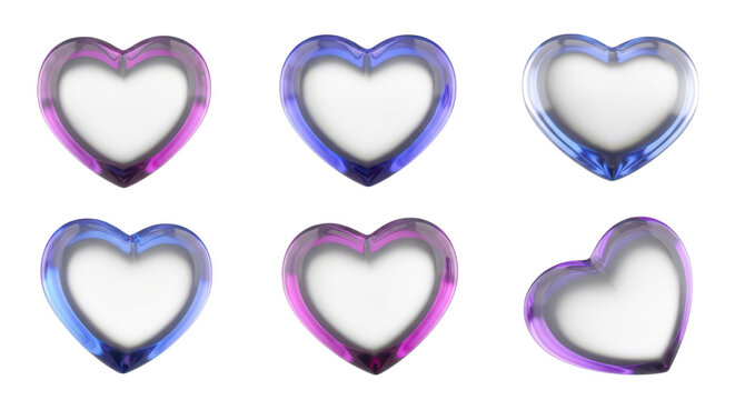 Six colorful glassy heart-shaped frames arranged on a white background ready for text or images ideal for Valentine's Day or love-themed designs