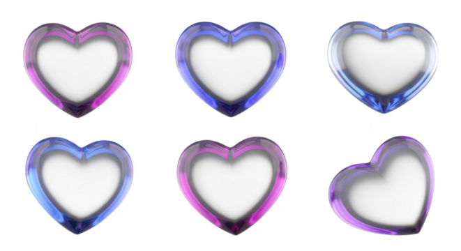 Six colorful glassy heart-shaped frames arranged on a white background ready for text or images ideal for Valentine's Day or love-themed designs