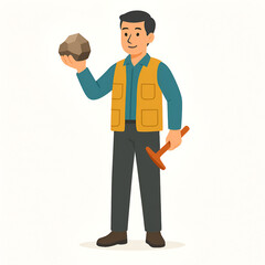 Obraz premium Cartoon Geologist Holding Rock and Hammer – Full-Body Flat Style Earth Science Character