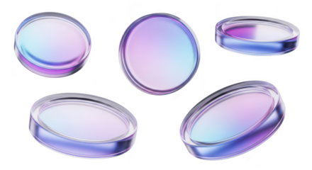 Collection of petri dishes in various angles showcasing abstract color gradients isolated against a white backdrop for medical or scientific applications