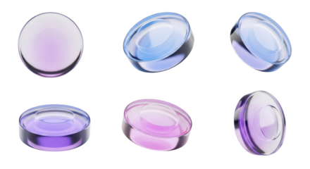 Array of transparent colorful glass discs on white showcasing variations for design elements or graphic resources