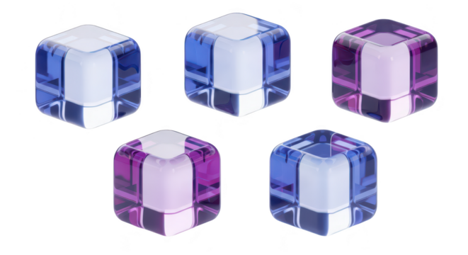Five clear colorful cubes in a pattern on white used as abstract elements for design background or digital art