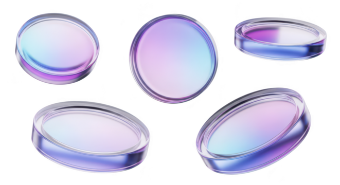 Collection of petri dishes in various angles showcasing abstract color gradients isolated against a white backdrop for medical or scientific applications