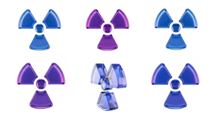 Colored 3D radiation symbols arranged on white background suggesting nuclear hazards and dangers in science and technology