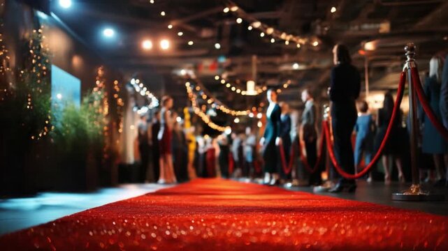 Red Carpet Event: The vibrant red carpet leads the way as elegantly dressed people prepare to attend a glamorous event. Lights add to the spectacle of anticipation and excitement. 