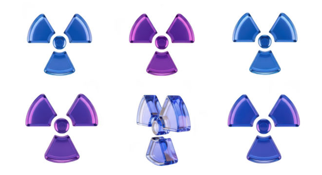 Colored 3D radiation symbols arranged on white background suggesting nuclear hazards and dangers in science and technology