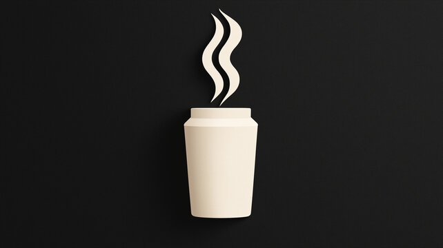 Minimalist design of steaming coffee cup with clean lines and shapes on dark background, evoking sense of warmth and simplicity
