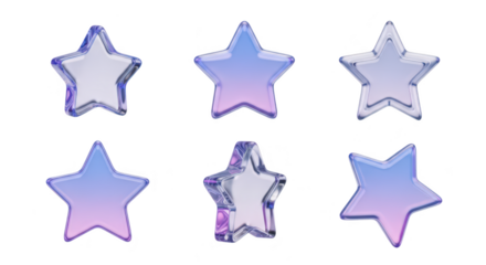 Six transparent colorful glass stars hover against a white backdrop offering elements of decor award or rating representation