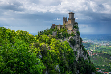 San Marino, Guaita tower on the Titano mount and panoramic view of Romagna