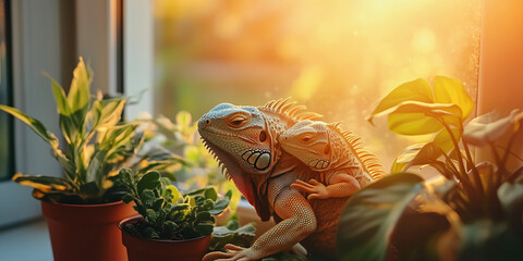 
A Baby Iguana Snuggling Next to Its Mother in the Warm Sunlight 따뜻한 햇살 아래 엄마 옆에서 포근히 안겨있는 아기 이구아나
