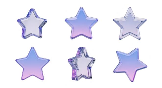 Six transparent colorful glass stars hover against a white backdrop offering elements of decor award or rating representation