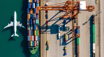 Obraz premium Overhead View of Cargo Ship, Plane, and Train Showing Global Logistics