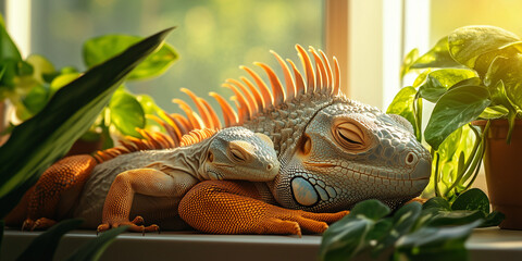 A Baby Iguana Snuggling Next to Its Mother on a Sunny Windowsill
햇볕 드는 창가에 엄마 옆에서 포근히 안겨있는 아기 이구아나