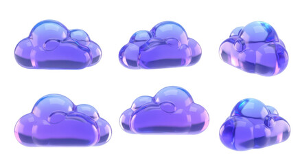 Six glossy purple cloud icons arranged on white background illustrating weather data computing or graphic design uses