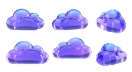 Six glossy purple cloud icons arranged on white background illustrating weather data computing or graphic design uses