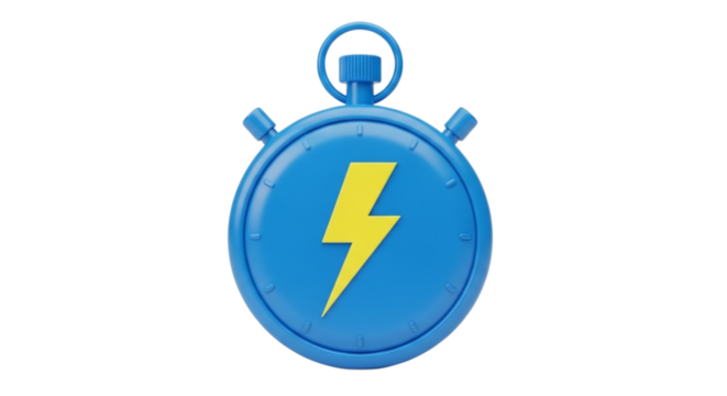 Blue stopwatch with yellow lightning bolt symbol isolated on transparent background