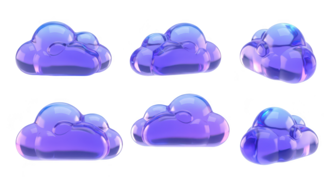 Six glossy purple cloud icons arranged on white background illustrating weather data computing or graphic design uses