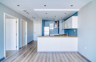 Clean unfurnished apartment interior showcasing spacious layout, raw architectural details, and...