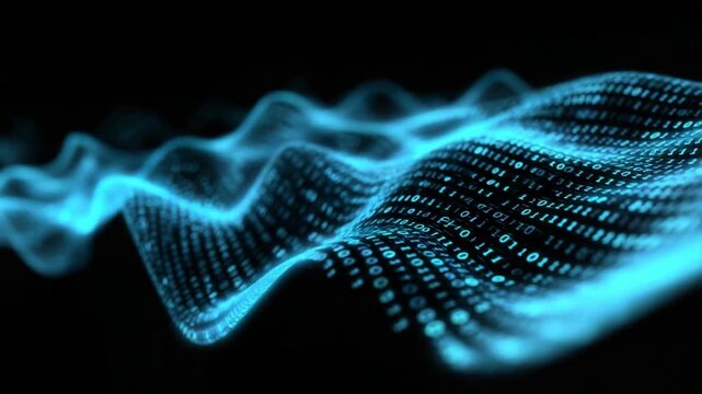 Digital Wave of Data: A mesmerizing wave of binary code, illuminated in vibrant cyan, flows across a dark expanse, symbolizing the essence of interconnected data.