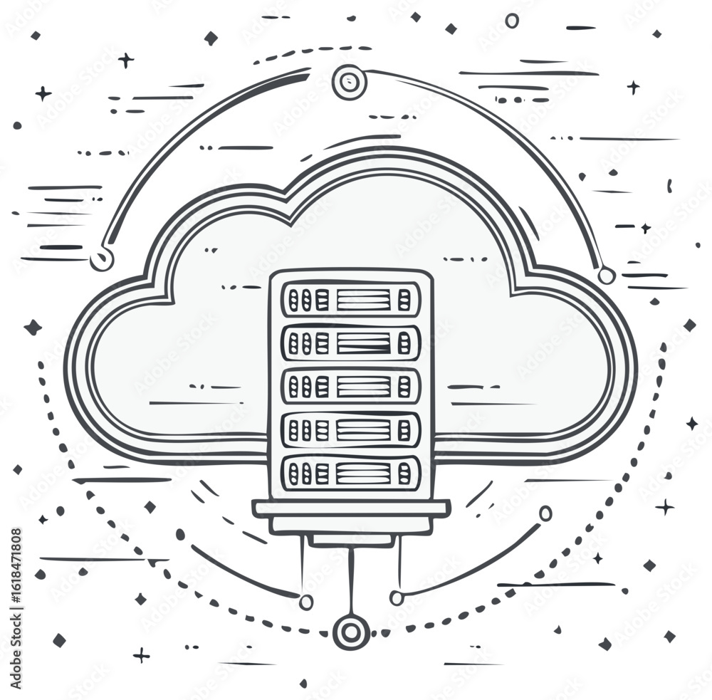 Poster cloud computing technology concept with data server rack sketch illustration
