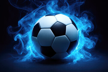 Fototapeta premium Dynamic soccer ball surrounded by glowing blue flames creating an energetic atmosphere for sports enthusiasts everywhere
