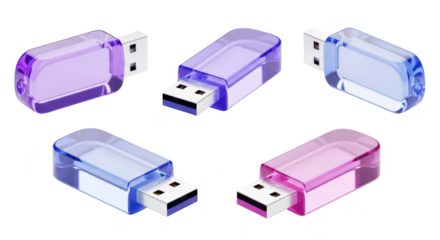 Five colorful USB flash drives are arranged isolated on a white background ready for data storage or transfer