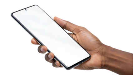 Stock photo of hand holding smartphone mockup with blank white screen for app or website presentation