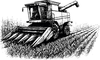 Combine harvester cornfield sketch. Modern agricultural machinery processing corn rows, farming technology drawing.