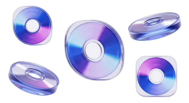 3D-rendered optical discs encased in clear plastic floating against a clean white background representing data storage and information technology