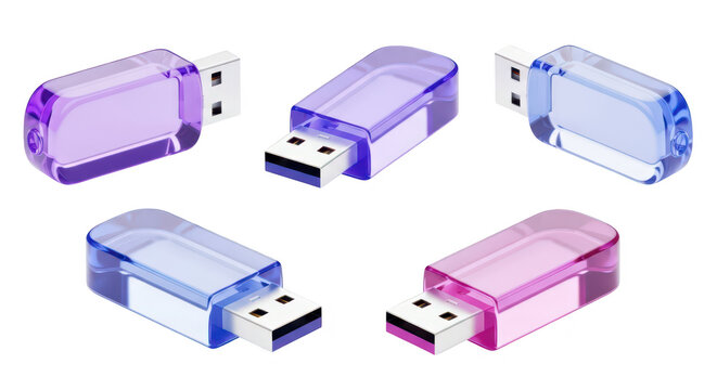 Five colorful USB flash drives are arranged isolated on a white background ready for data storage or transfer
