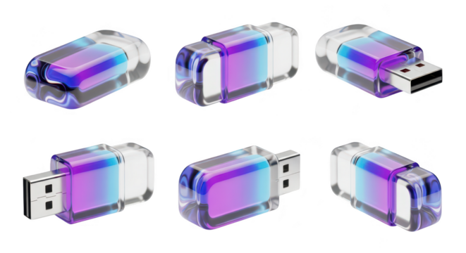 Clear prism-colored flash drives arranged in various angles on a white surface showcasing data storage and digital information concepts