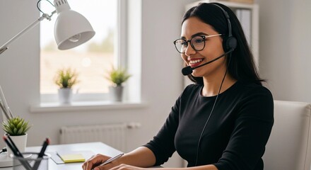 Young woman working at desk with headset and smiling in home office  