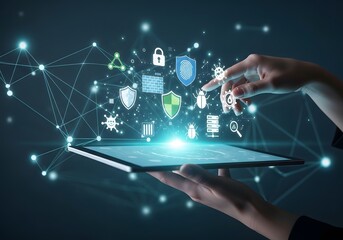 Hand interacting with tablet displaying floating security icons and network connections for digital technology and cybersecurity concepts