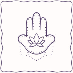 Line art Hamsa hand with lotus flower,  magical vector art