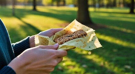 Person holding snack wrapped in beeswax wrap
paper in sunny park setting  