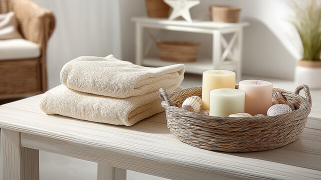 Cozy spa setting with folded towels and basket of candles and seashells on wooden table, creating serene atmosphere