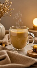 Hot cup of coffee with steam on cozy beige blanket and table  