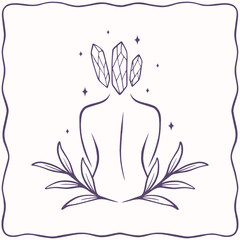 Vector line art yoga pose with magical details