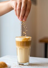 Hand sprinkling sesame seeds over a glass of tahini latte coffee  