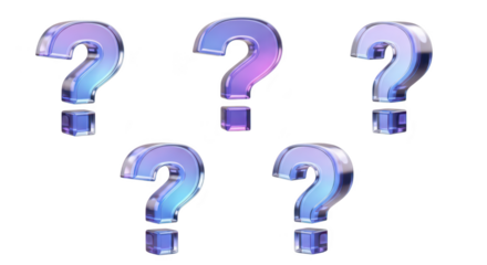 Five 3D question marks in a gradient glass style arranged on a clean white background; useful for concepts of uncertainty query or FAQs