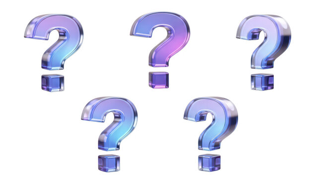 Five 3D question marks in a gradient glass style arranged on a clean white background; useful for concepts of uncertainty query or FAQs - Powered by Adobe