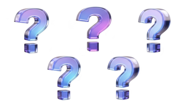Five 3D question marks in a gradient glass style arranged on a clean white background; useful for concepts of uncertainty query or FAQs